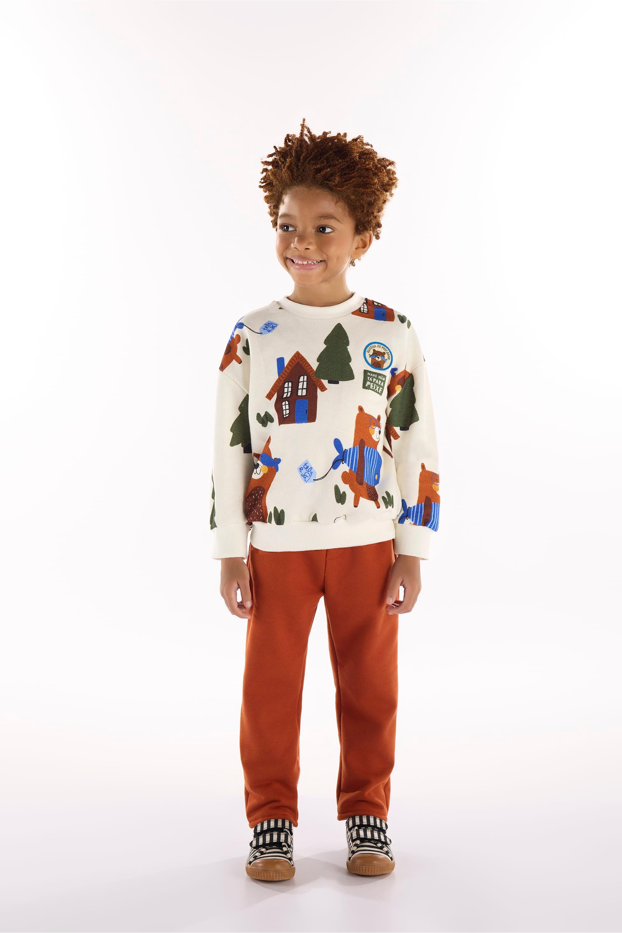 Conjunto Infantil Masculino com Blusão e Calça Urso Amigo (Marrom) Três e Já