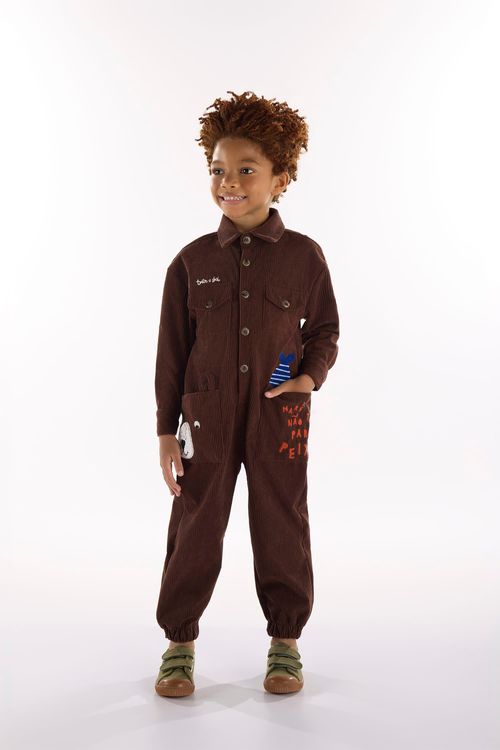 Macacão Urso Amigo Infantil em Veludo Cotelê (Marrom) Três e Já