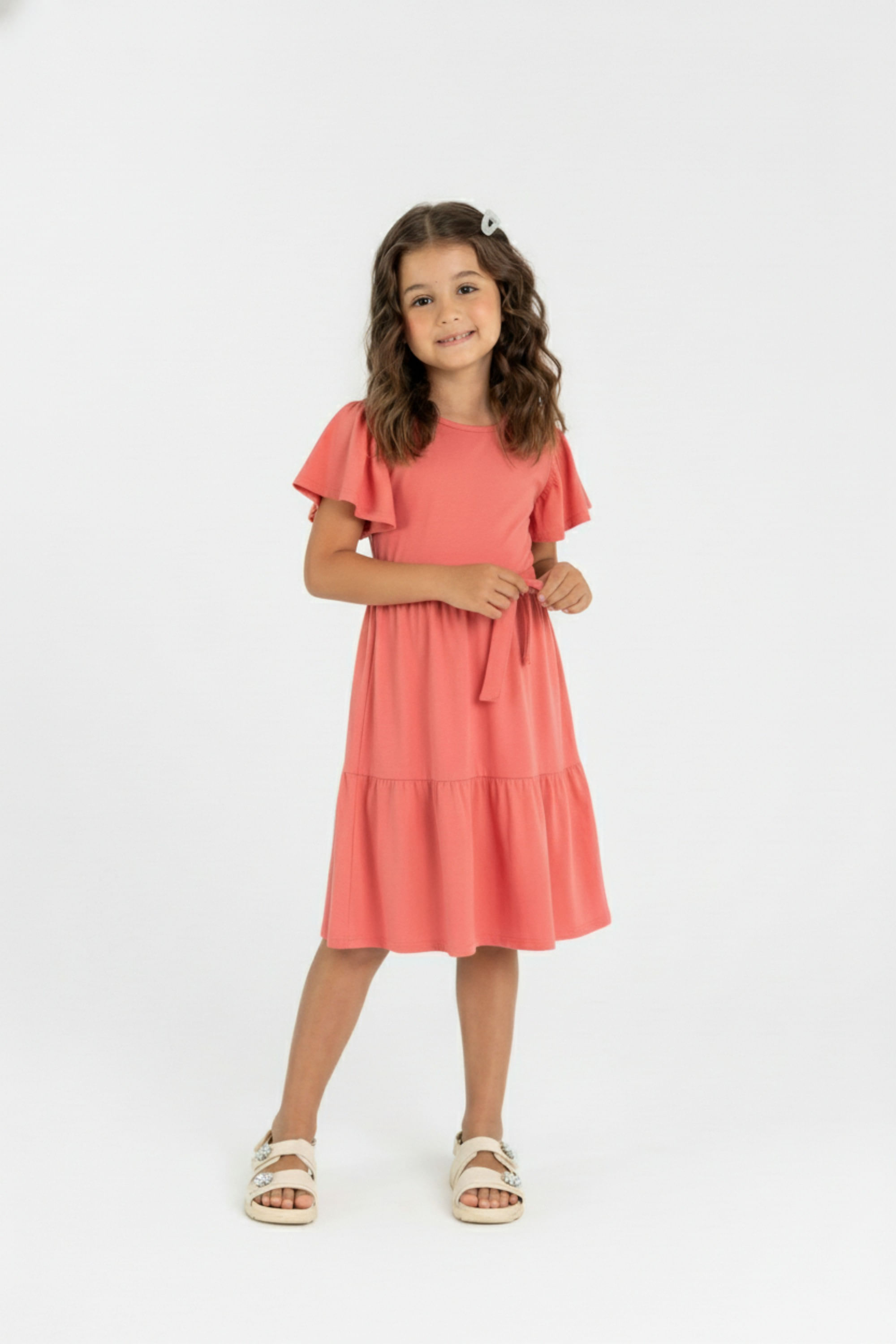 Vestido Infantil em Algodão com Babados (Coral) Guloseima