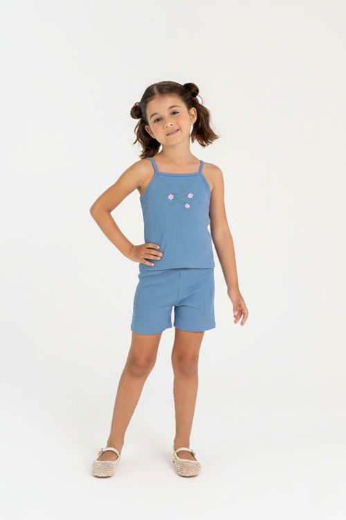 Conjunto em Ribana Canelada Menina com Regata e Short (Azul) Guloseima