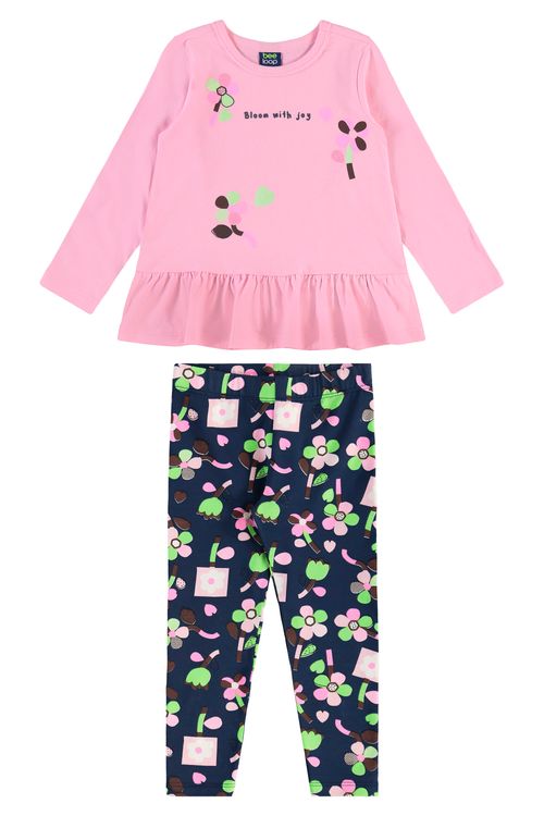 Conjunto Menina Blusa com Babados e Legging Floral (Rosa) Bee Loop