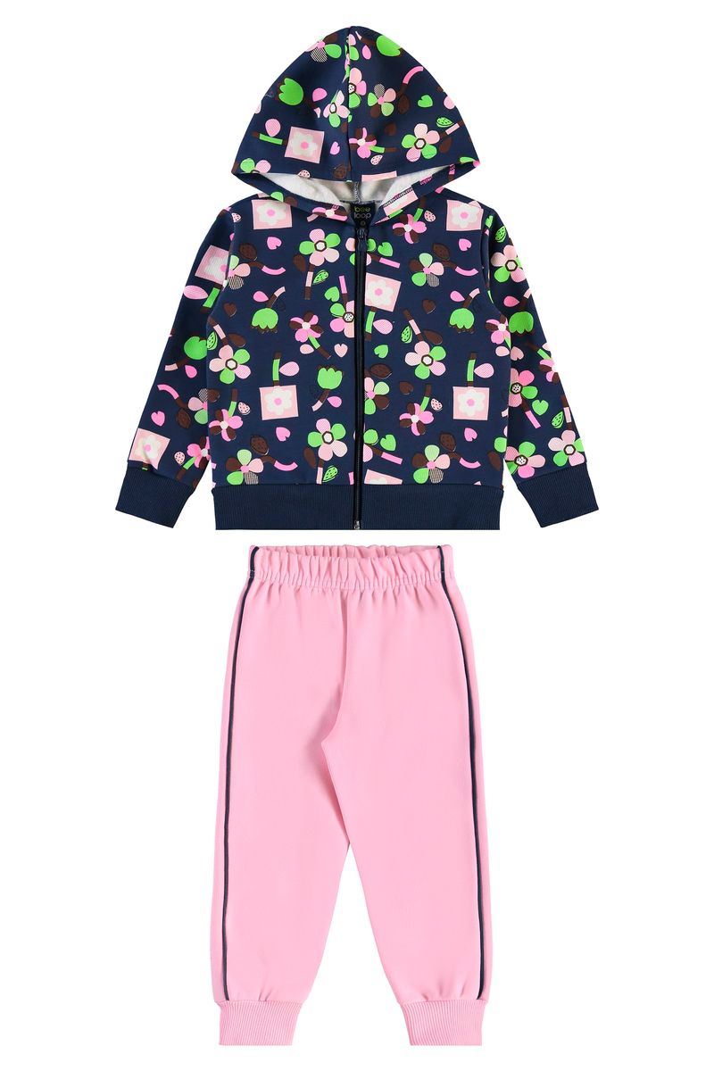 Conjunto Infantil Jaqueta e Calça Moletom Floral (Azul Marinho) Bee Loop