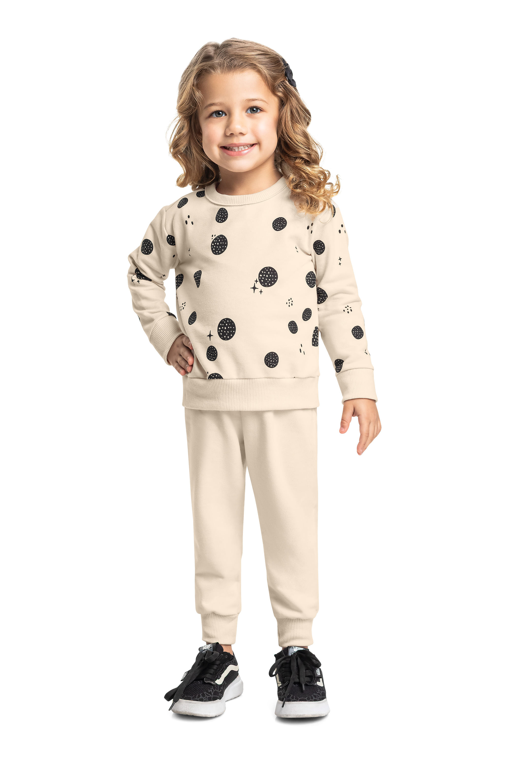 Conjunto para Menina Blusão Bolinhas e Calça Moletom (Bege) Bee Loop