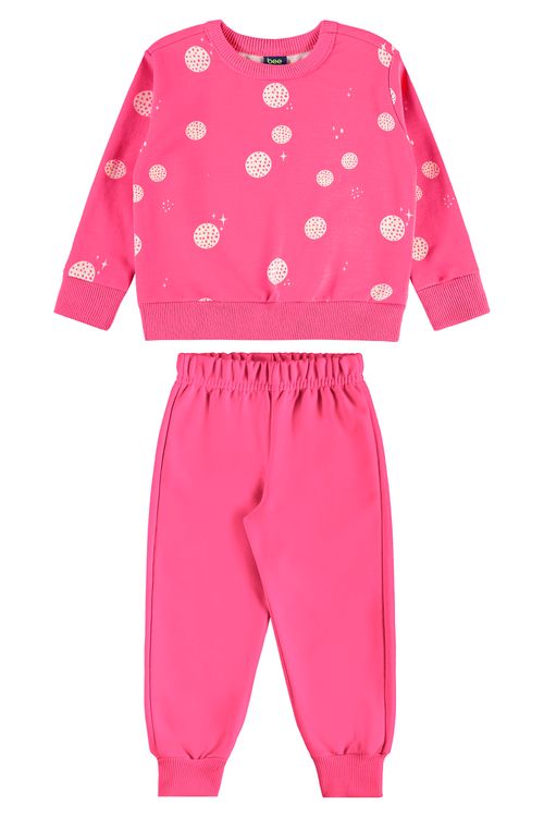 Conjunto para Menina Blusão Bolinhas e Calça Moletom (Rosa Pink Fluorescente) Bee Loop