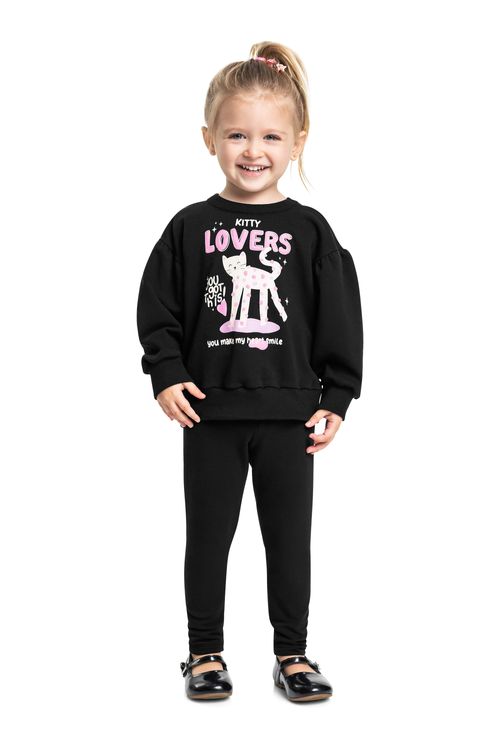 Conjunto para Menina com Blusão Lovers e Calça Legging (Preto) Bee Loop