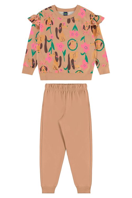 Conjunto Flores & Focinhos para Menina Blusão e Calça (Marrom Claro) Bee Loop