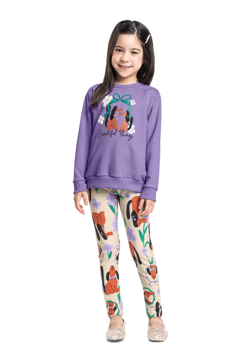 Conjunto Flores & Focinhos Infantil com Blusão e Calça Legging (Roxo) Bee Loop