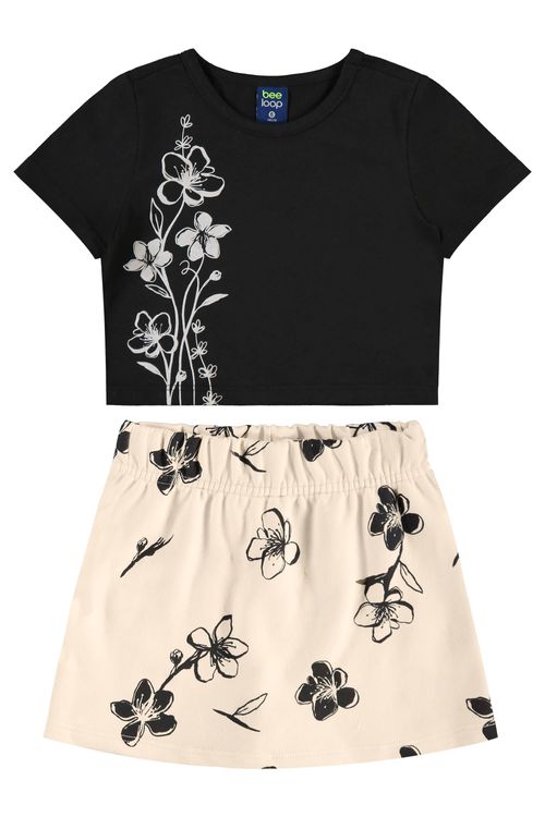Conjunto Infantil com Blusa Cropped e Short-Saia Floridos (Preto) Bee Loop