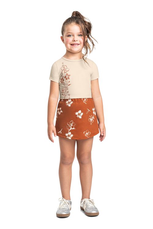 Conjunto Infantil com Blusa Cropped e Short-Saia Floridos (Preto) Bee Loop