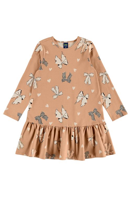Vestido Infantil em Cotton com Laços e Corações Manga Longa (Bege) Bee Loop