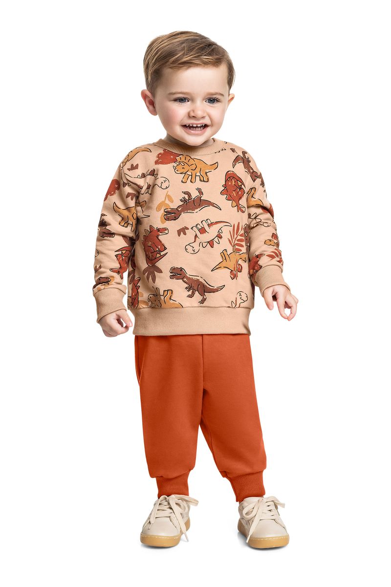 Conjunto Infantil com Blusão Dinos e Calça em Moletom (Marrom Claro) Bee Loop