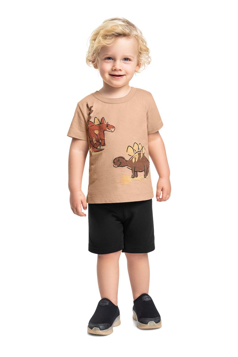 Conjunto Big Dino Infantil com Camiseta e Bermuda (Marrom) Bee Loop