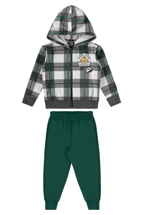 Conjunto Menino com Jaqueta Xadrez e Calça em Moletom (Cinza) Bee Loop