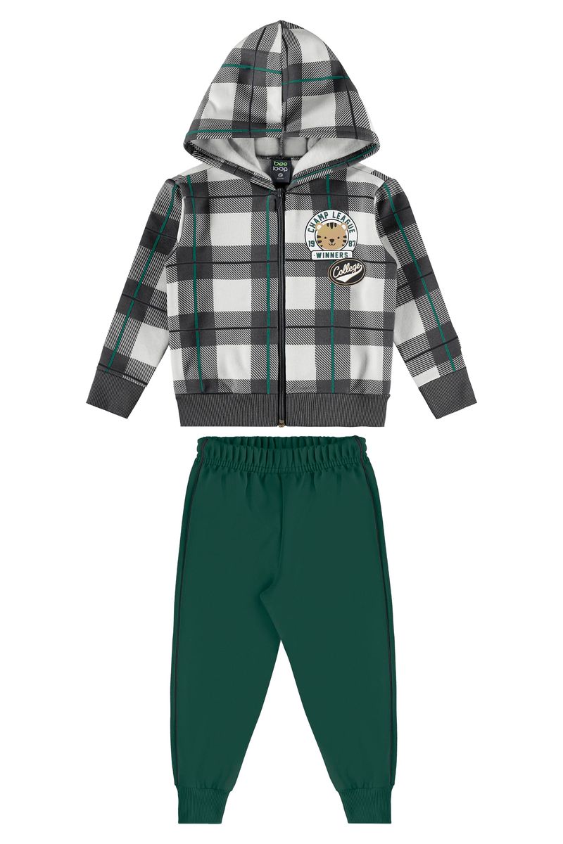 Conjunto Menino com Jaqueta Xadrez e Calça em Moletom (Cinza) Bee Loop