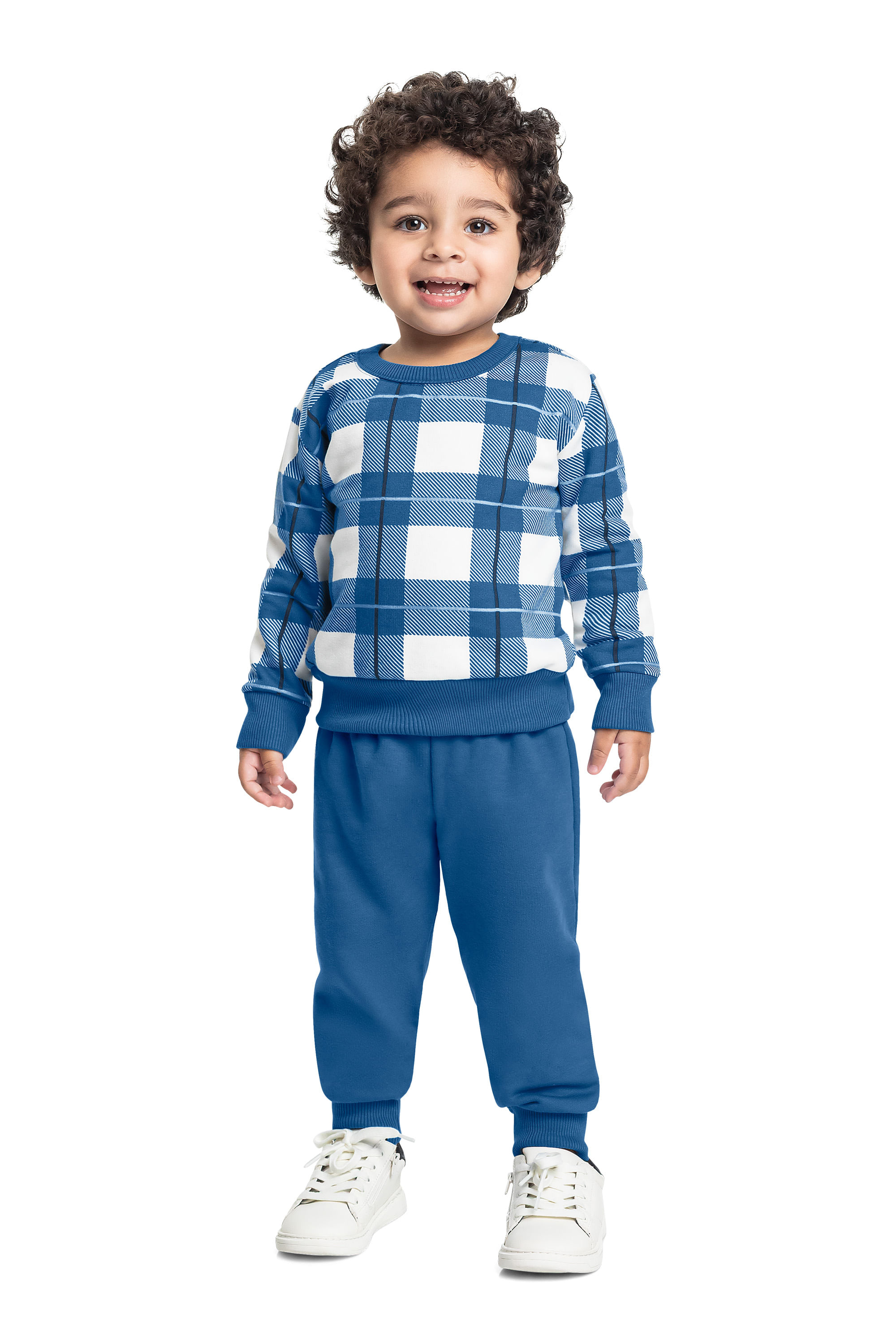 Conjunto Menino com Blusão Xadrez e Calça em Moletom (Azul) Bee Loop