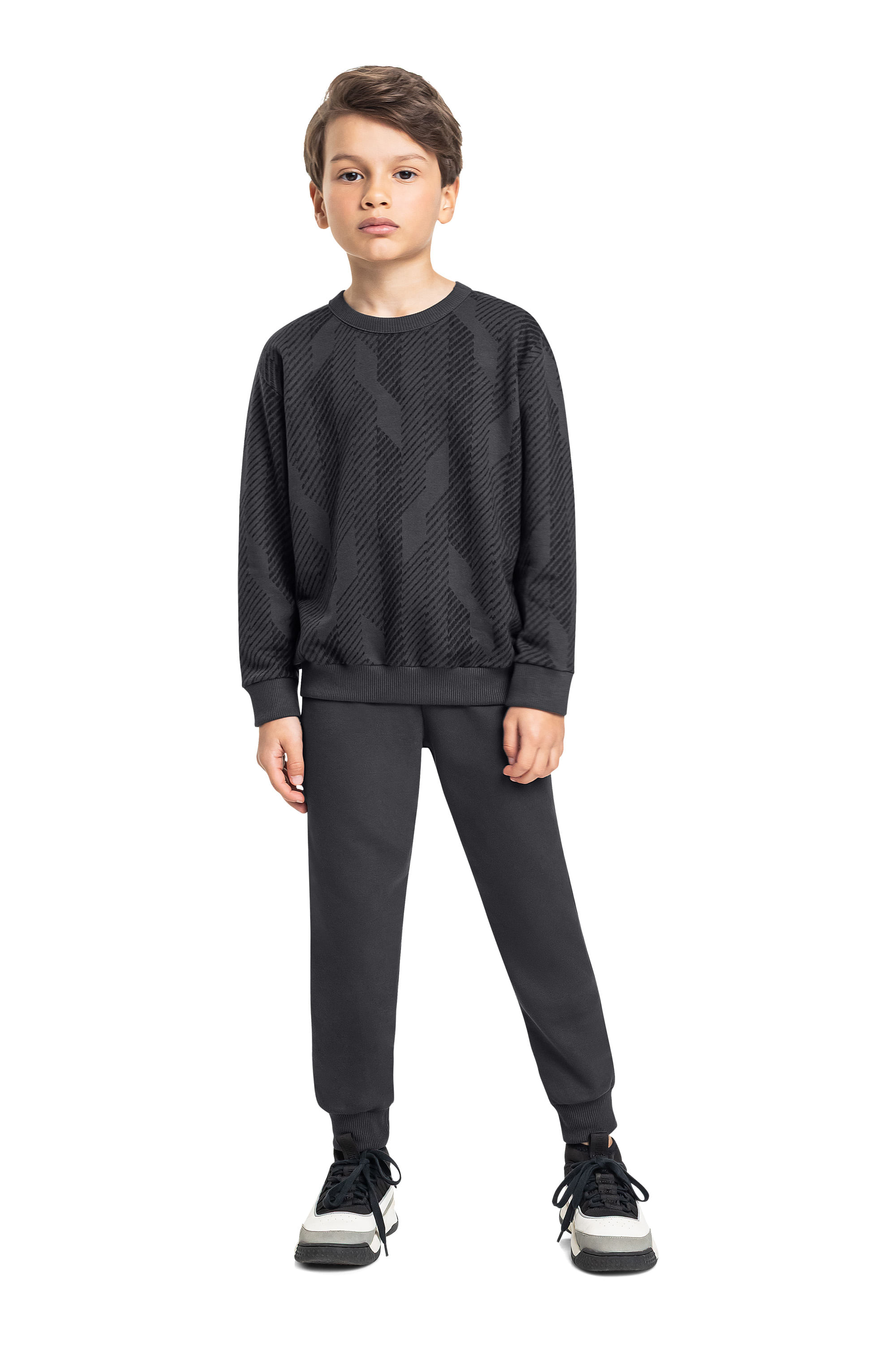 Conjunto Menino com Blusão Listrado e Calça em Moletom (Cinza) Bee Loop