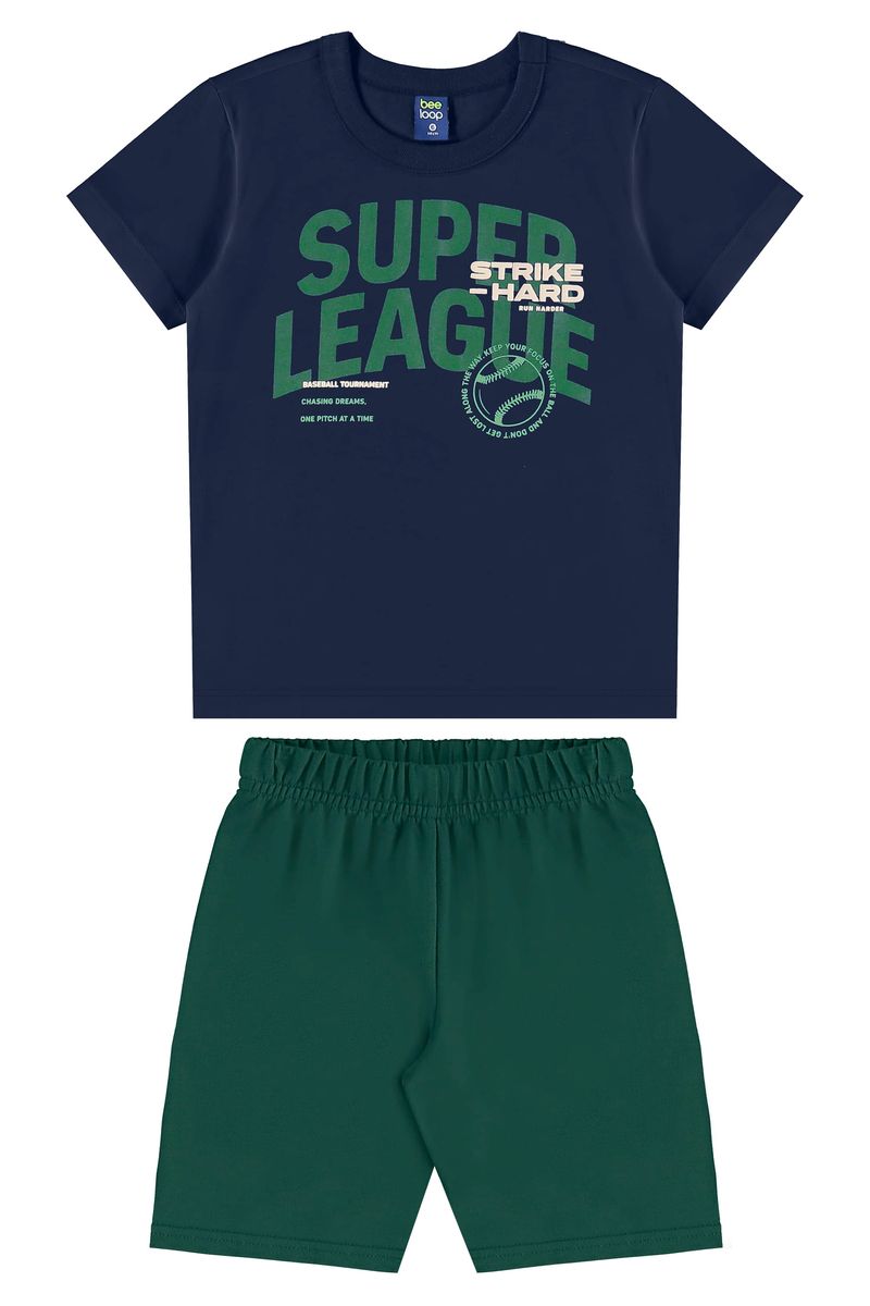 Conjunto Super League Infantil com Camiseta e Bermuda (Azul) Bee Loop