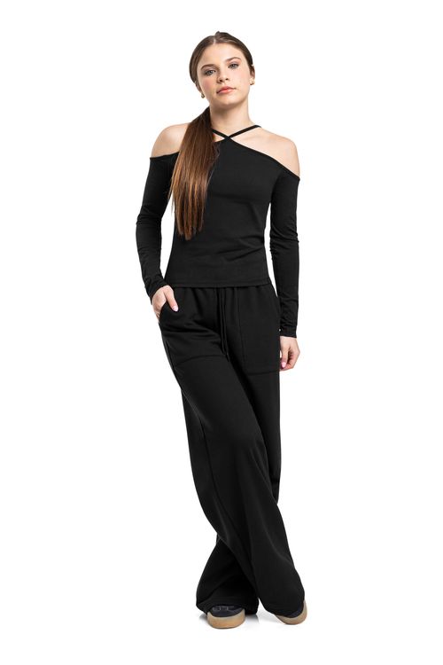 Blusa Manga Longa Juvenil em Cotton (Preto) Gloss