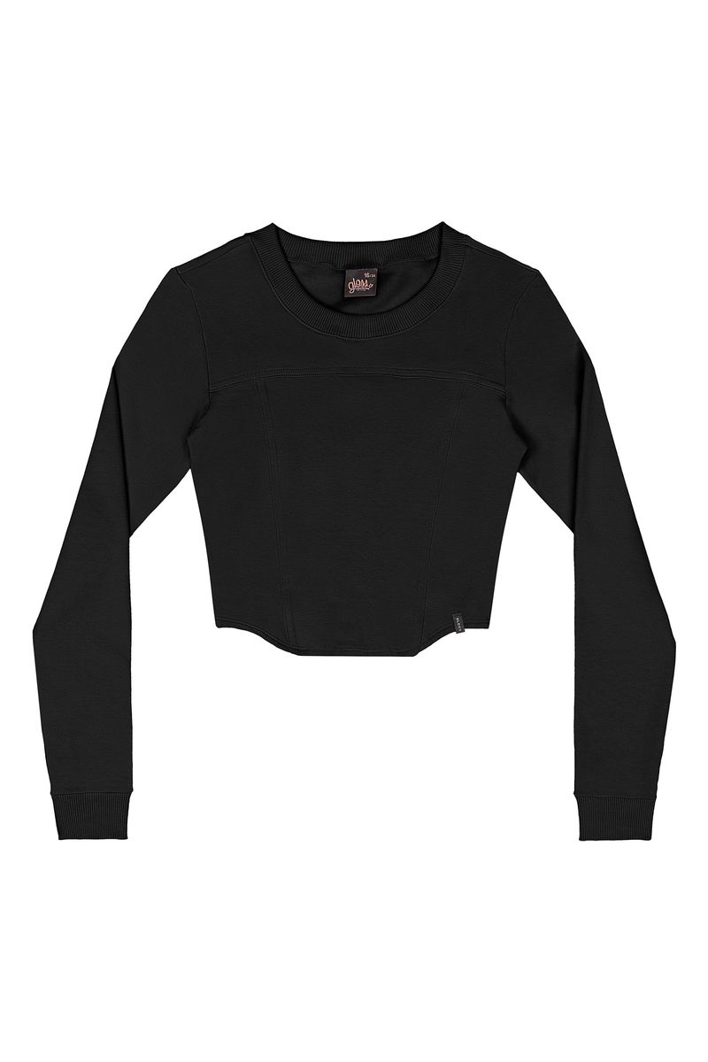 Blusa Cropped Manga Longa Juvenil em Molecotton (Preto) Gloss