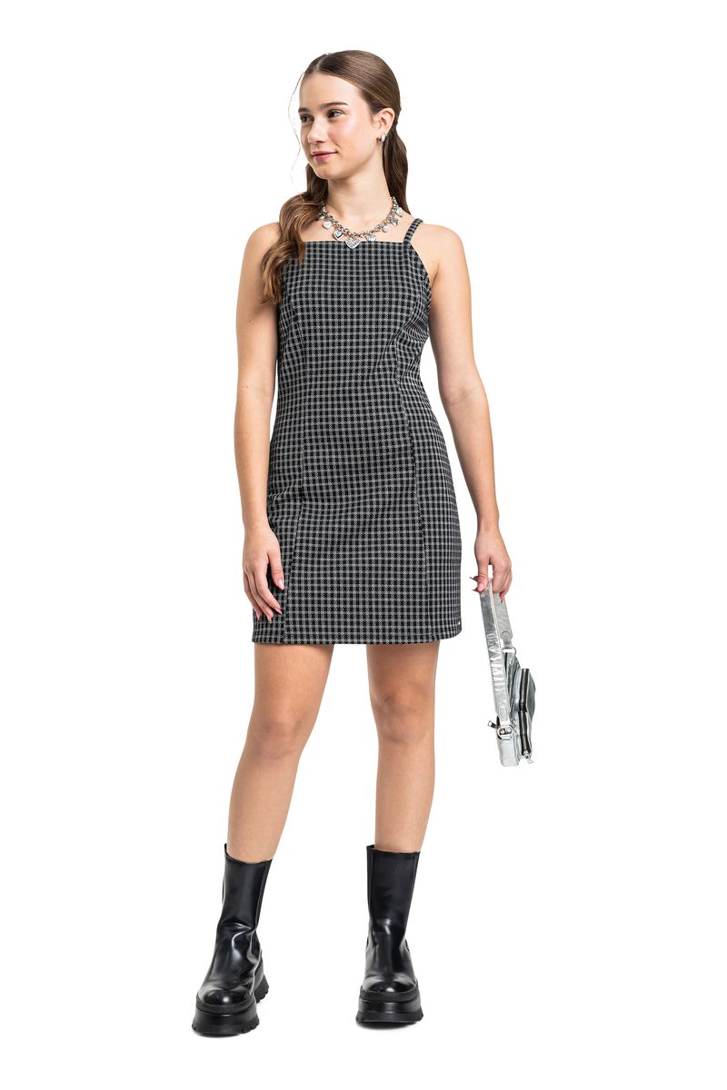 Vestido Juvenil com Alças em Malha Pontilhada (Preto) Gloss