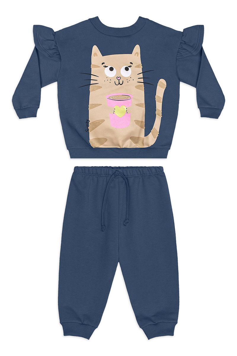 Conjunto Miau para Bebê Menina em Moletom (Azul Marinho) Quimby