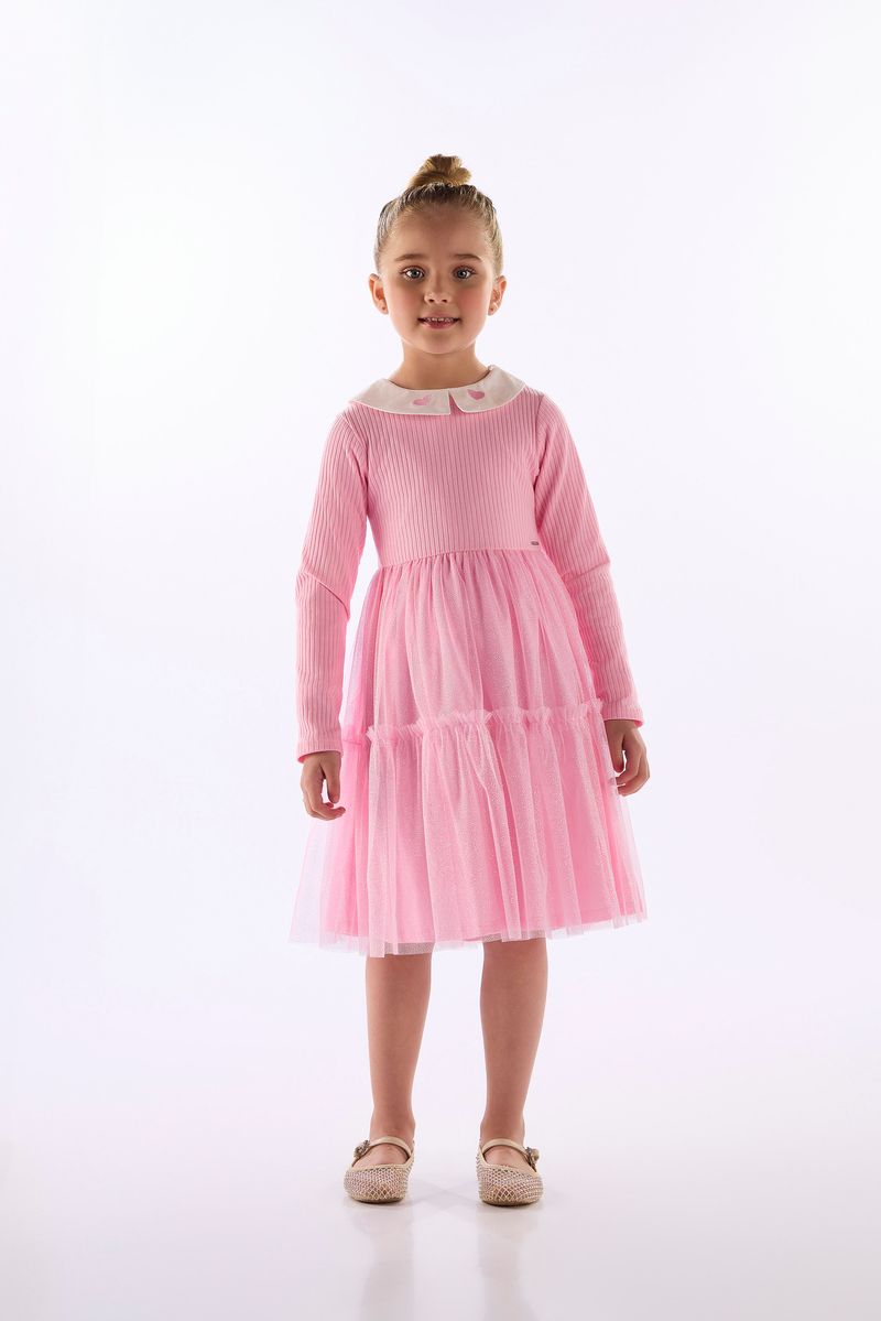 Vestido Infantil em Ribana com Saia de Tule (Rosa) Quimby