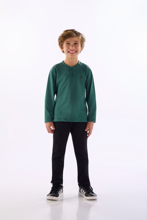 Camiseta Infantil com Gola em Ribana e Peitilho Frontal (Verde) Quimby