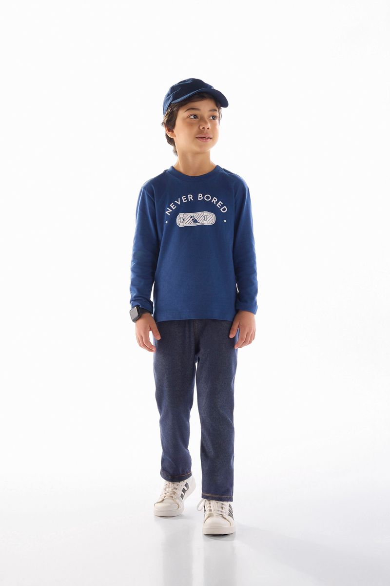 Camiseta de Manga Longa com Estampa Frontal Divertida (Azul) Quimby
