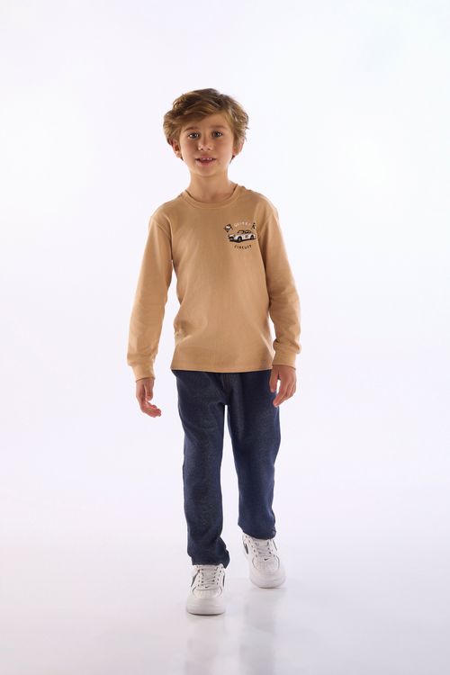 Camiseta Infantil Manga Longa com Estampa de Carro (Bege) Quimby