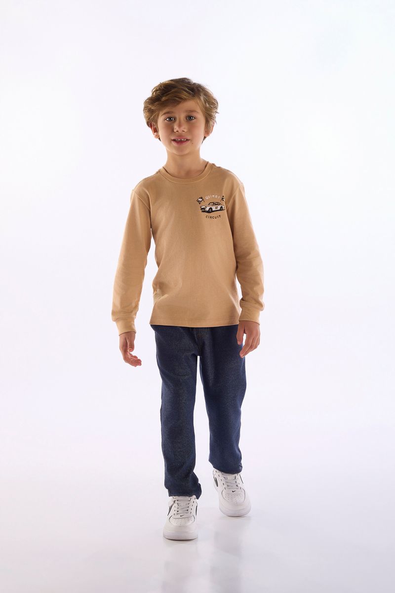 Camiseta Infantil Manga Longa com Estampa de Carro (Bege) Quimby