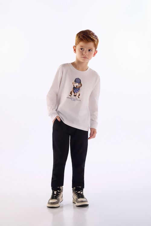 Camiseta Infantil Manga Longa com Estampa de Cachorro (Branco) Quimby