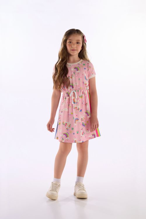 Vestido Infantil Cotton com Estampa Fantasia (Rosa) Quimby