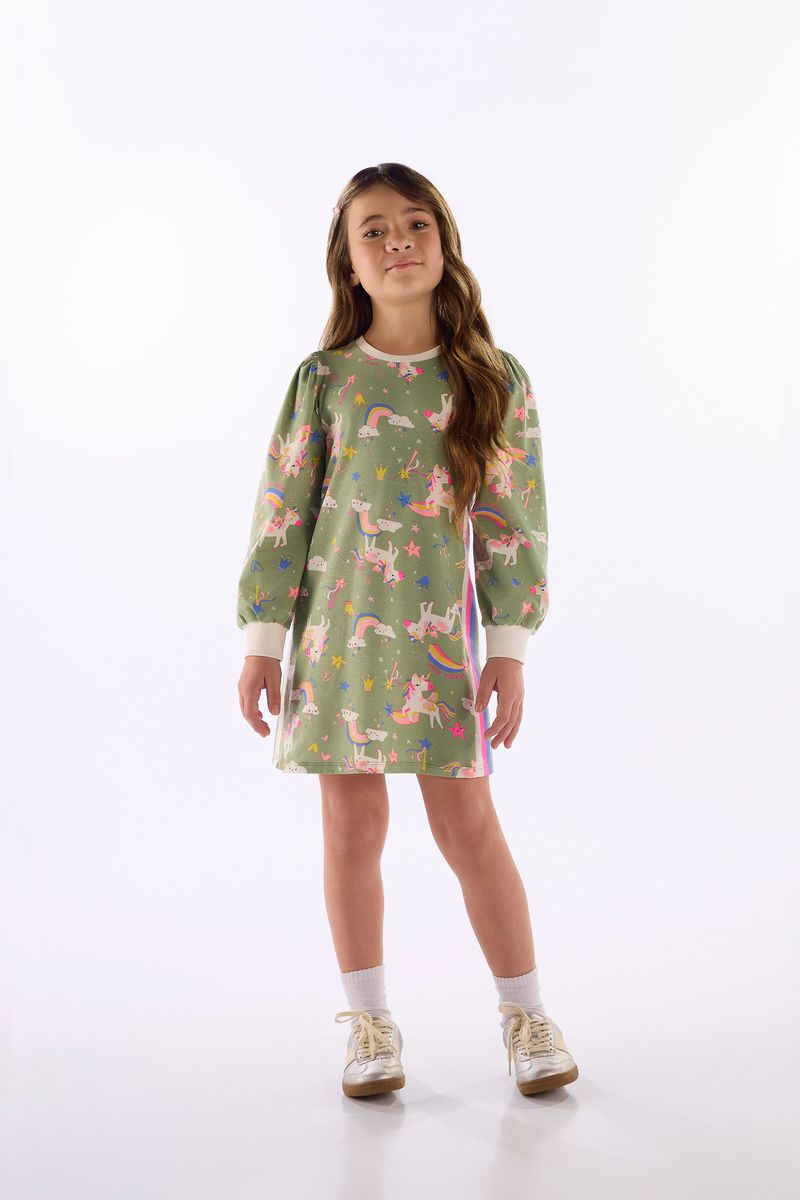 Vestido Infantil Manga Longa Estampado (Verde) Quimby
