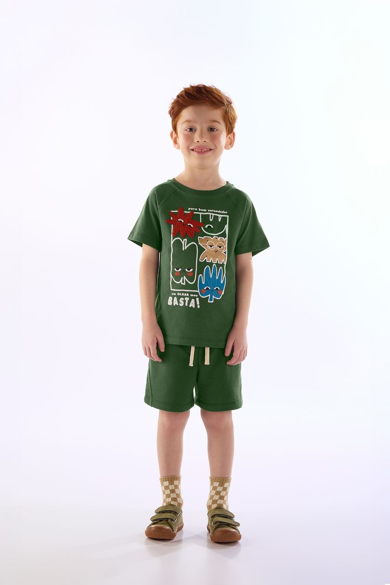 Conjunto Infantil Masculino com Camiseta e Short Humor (Verde) Três e Já