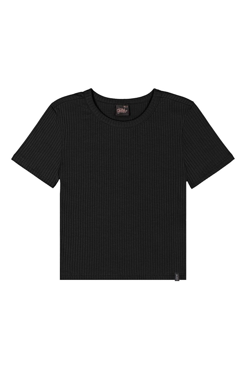 Blusa Juvenil Manga Curta em Ribana Canelada (Preto) Gloss