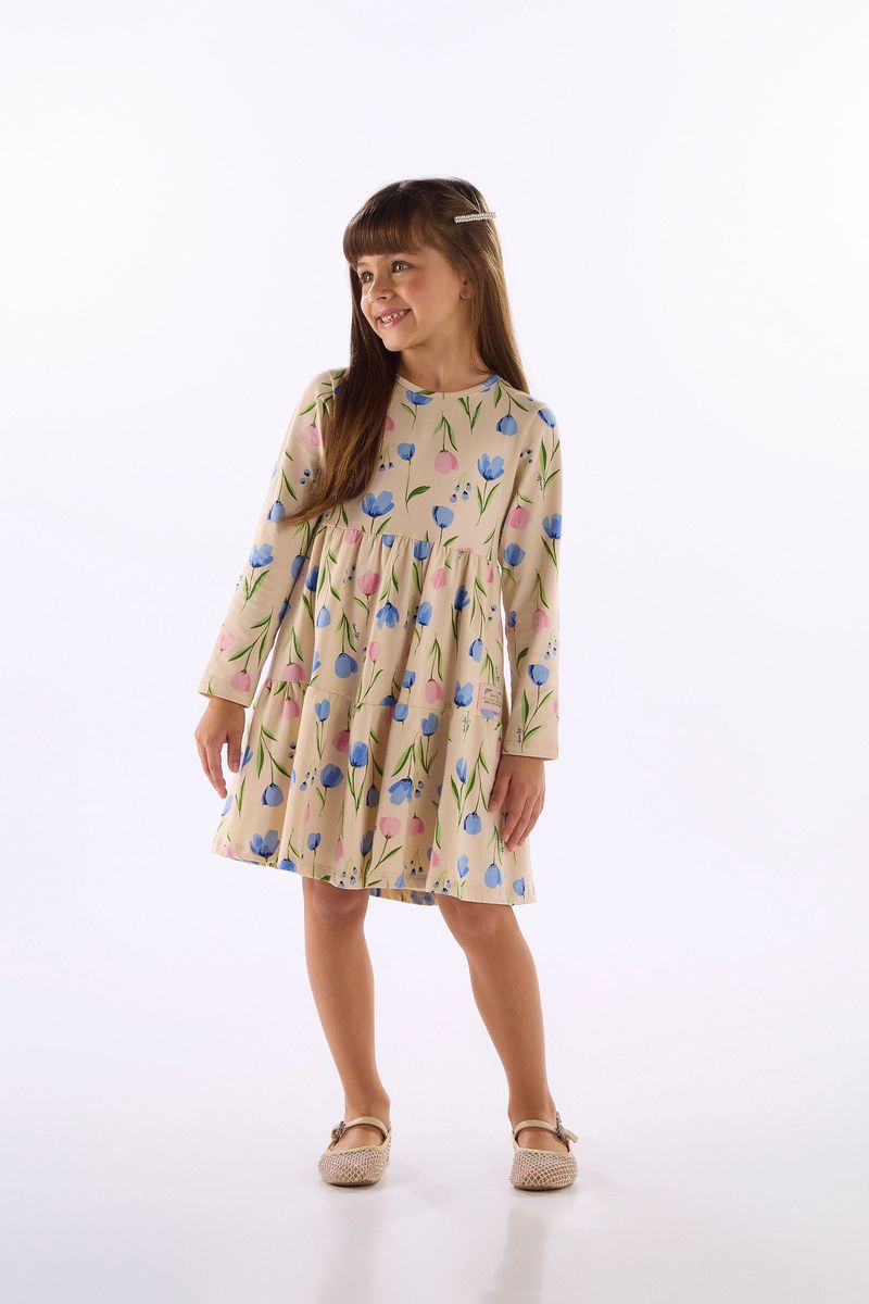Vestido Infantil Floral Manga Longa em Cotton (Bege) Quimby