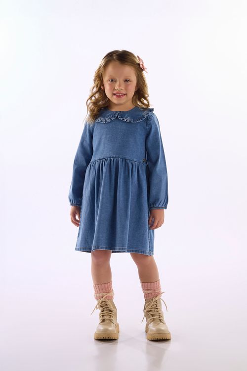Vestido Infantil Menina Jeans Com Elastano E Babado (Azul) Up Baby