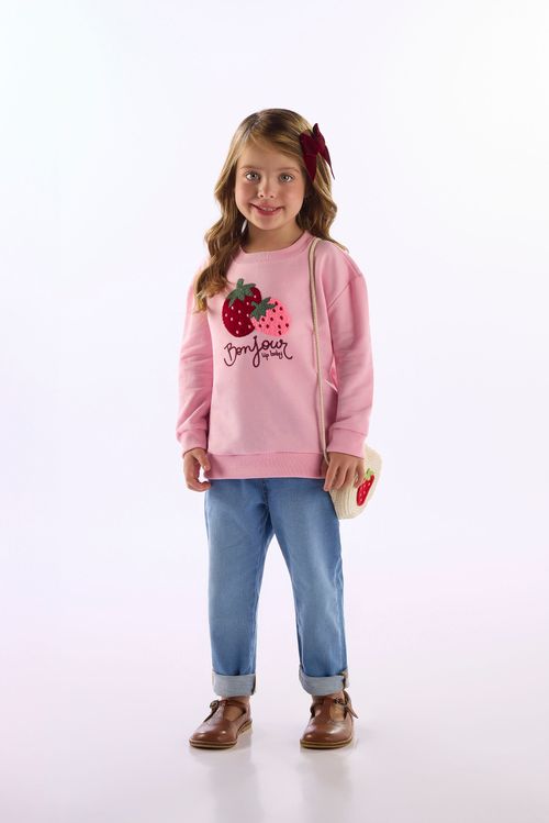 Blusão Infantil Menina Em Moletom Com Bordado De Morango (Rosa) Up Baby