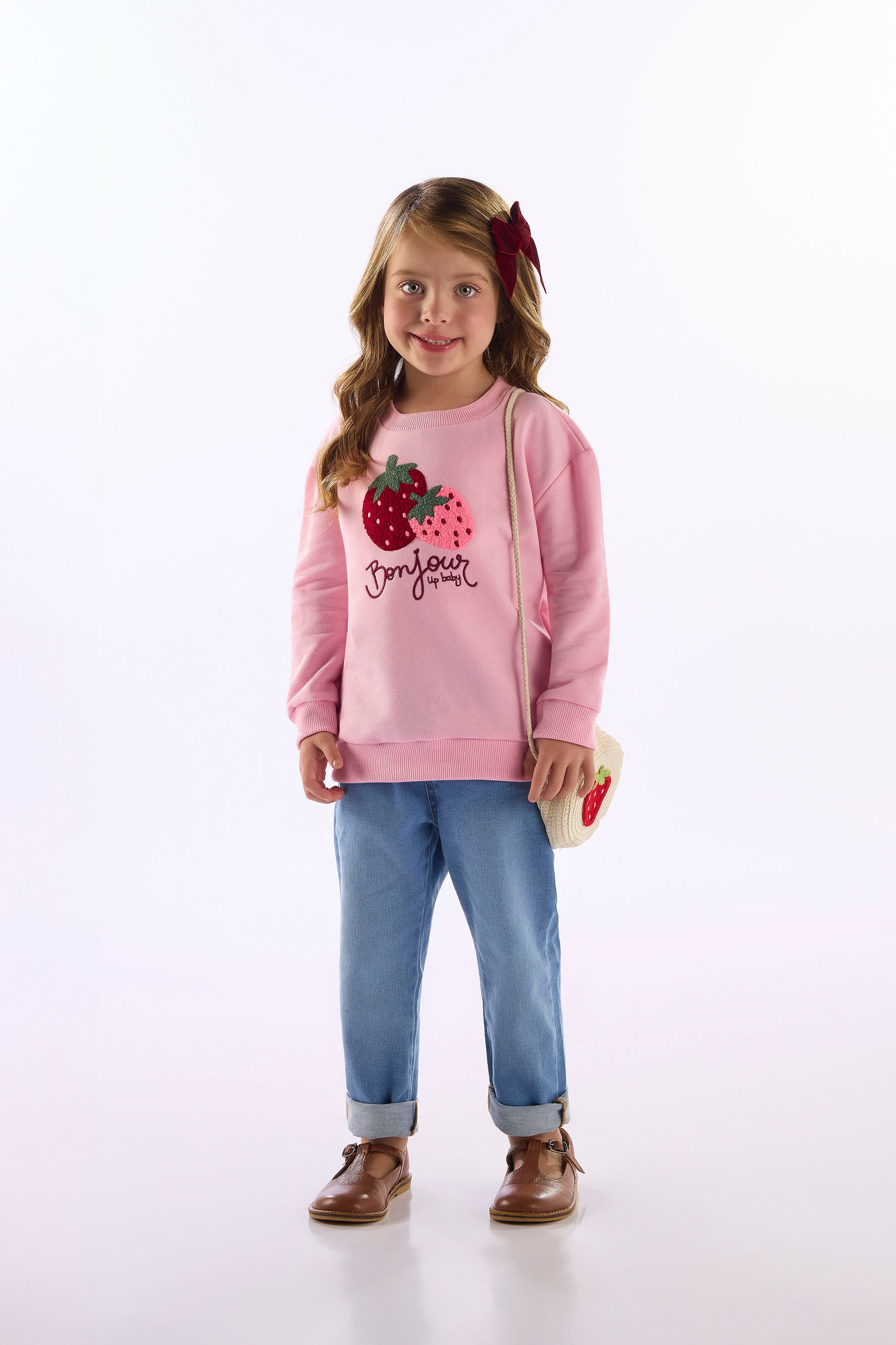 Blusão Infantil Menina Em Moletom Com Bordado De Morango (Rosa) Up Baby