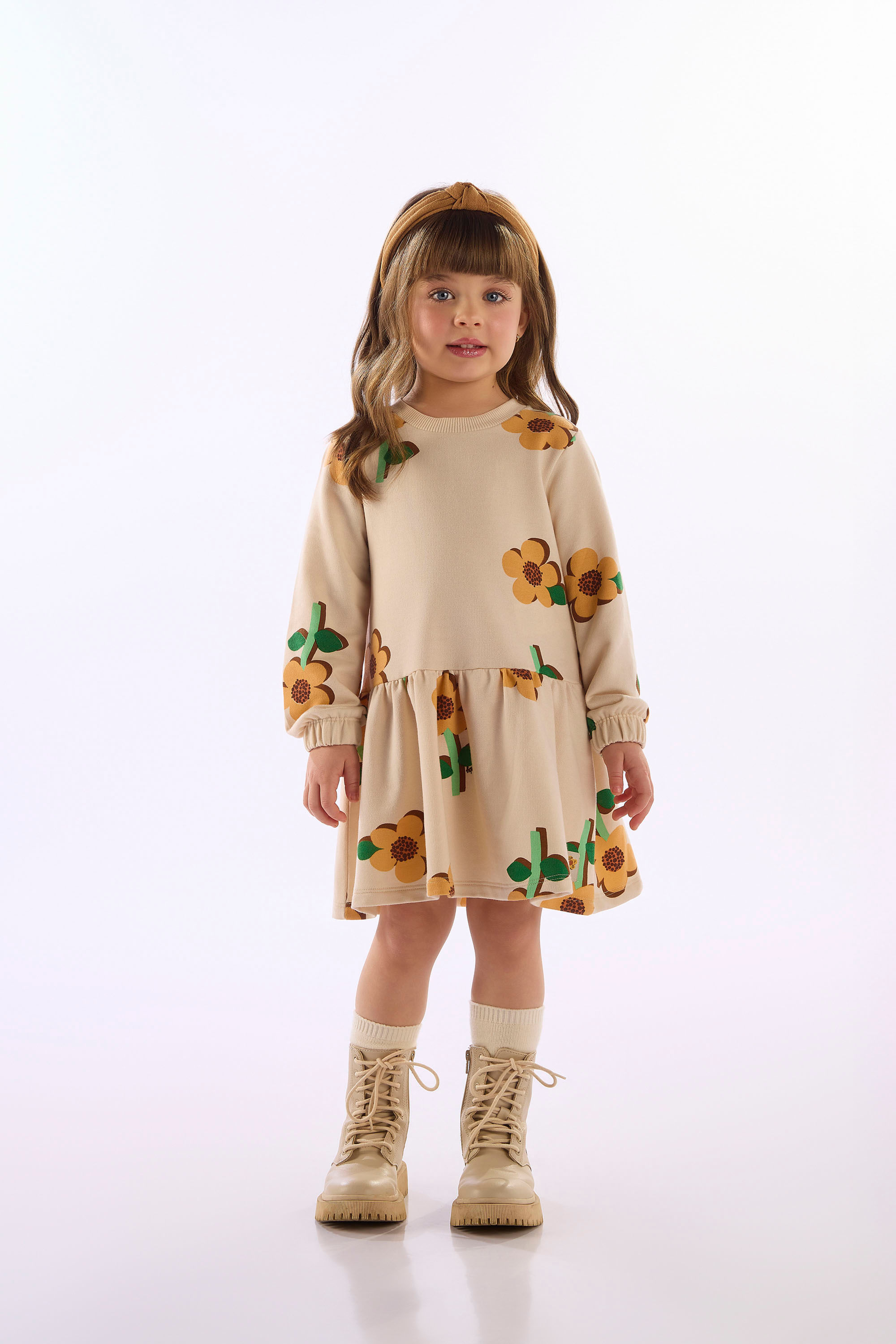Vestido Infantil Menina Floral Em Moletom (Off White) Up Baby