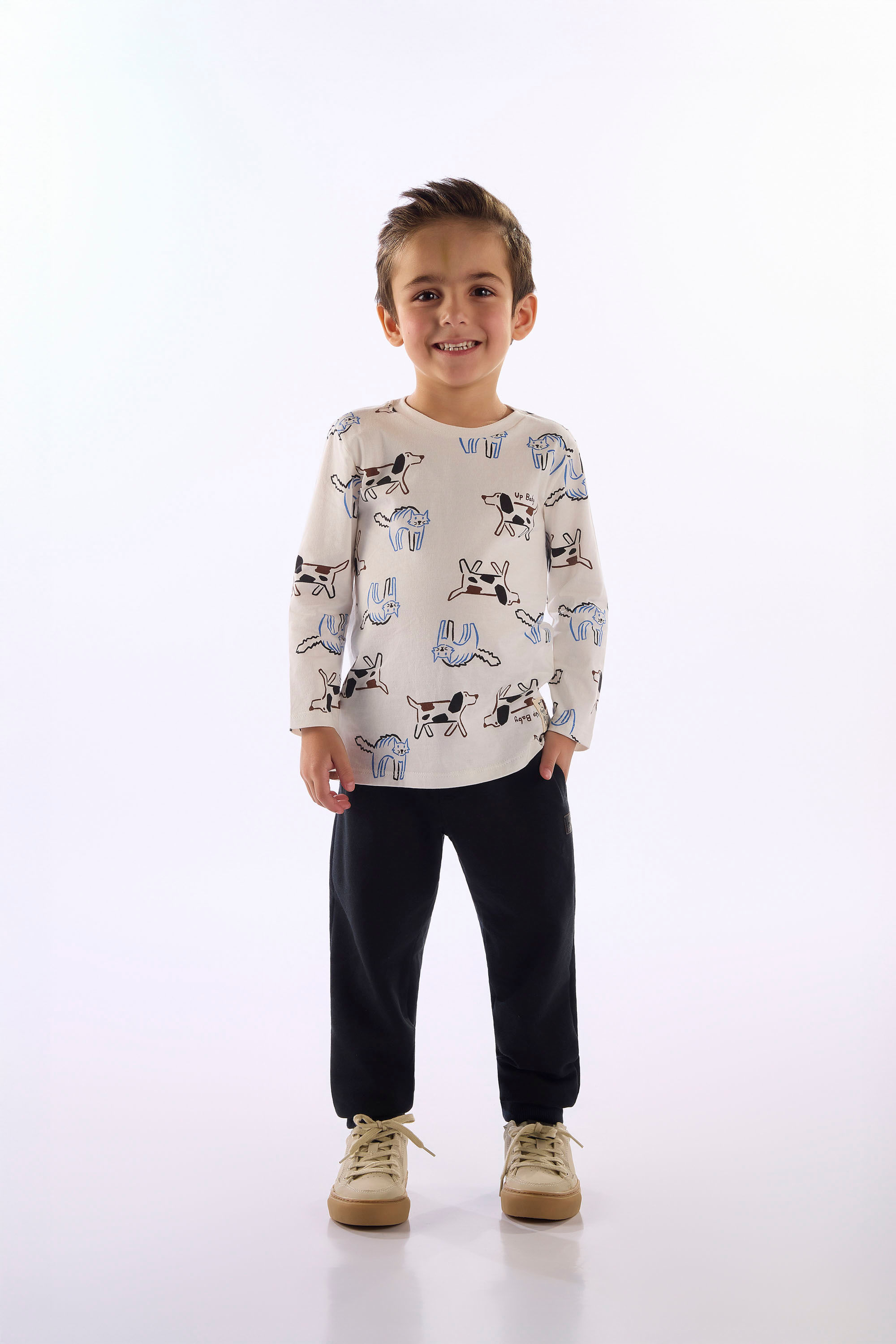 Camiseta Infantil De Manga Longa Puppy Fun (Off White) Up Baby