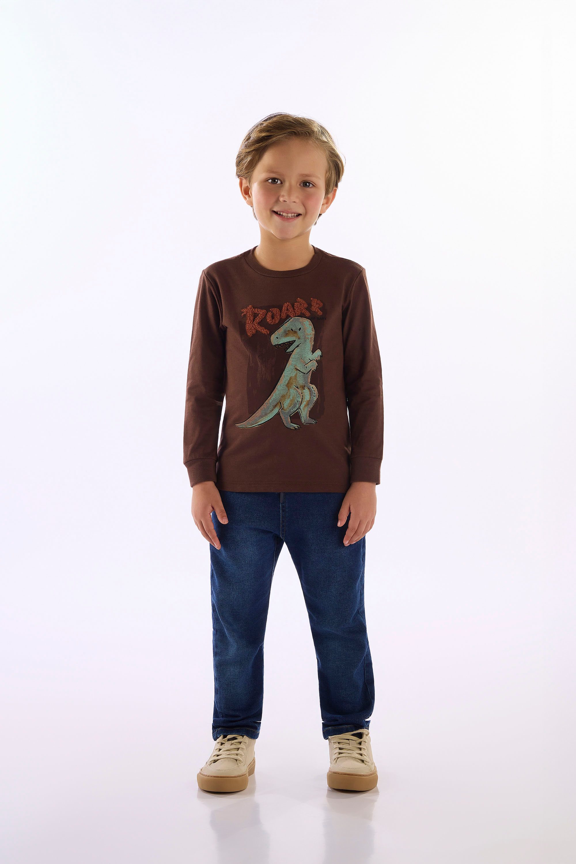 Camiseta Infantil Manga Longa Dinossauro Roar (Marrom) Up Baby