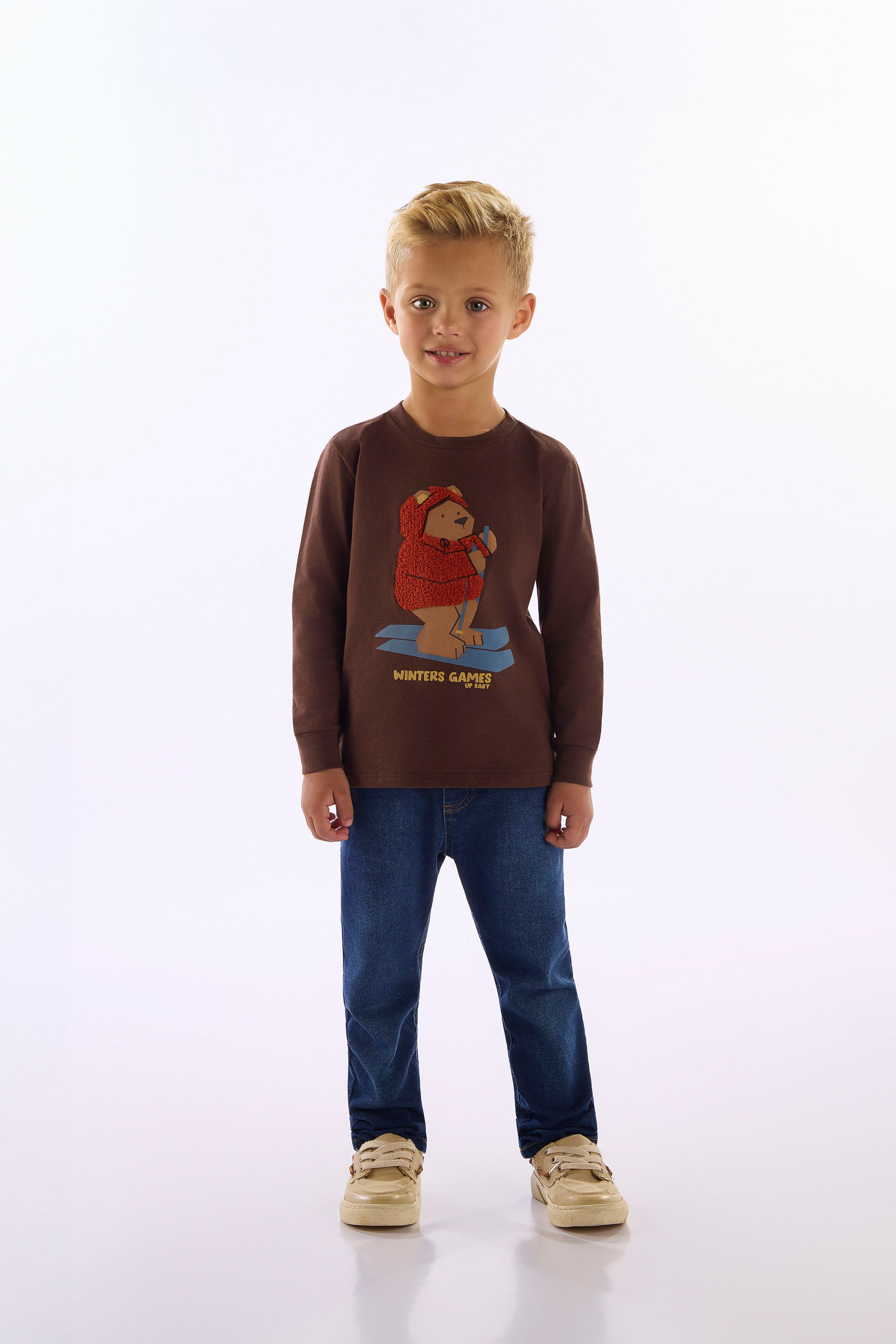 Camiseta Infantil Manga Longa Em Meia Malha Winter Games (Marrom) Up Baby