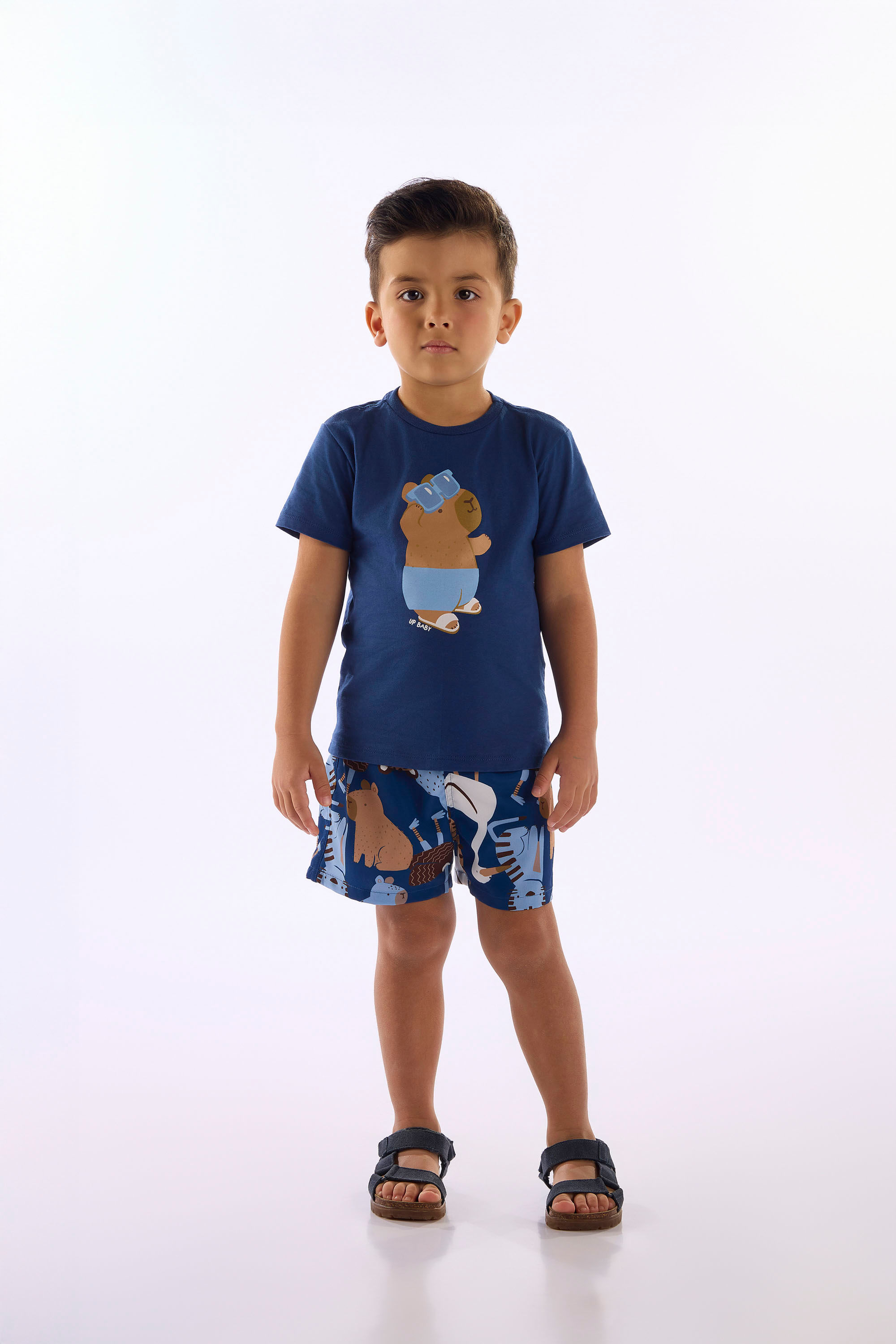 Conjunto Infantil Tropical Camiseta E Short Sublimado (Azul Marinho) Up Baby