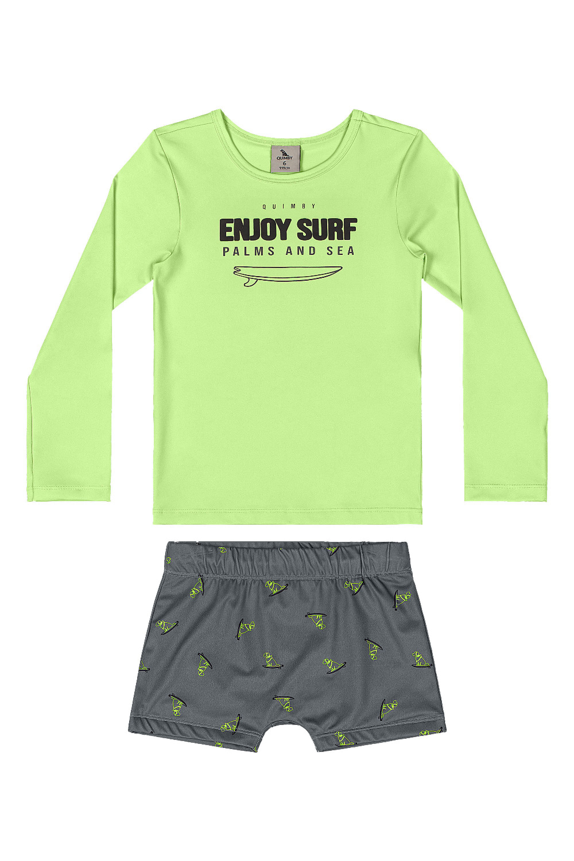 Conjunto Infantil Praia Camiseta UV e Sunga Boxer Estampada (Verde Claro) Quimby