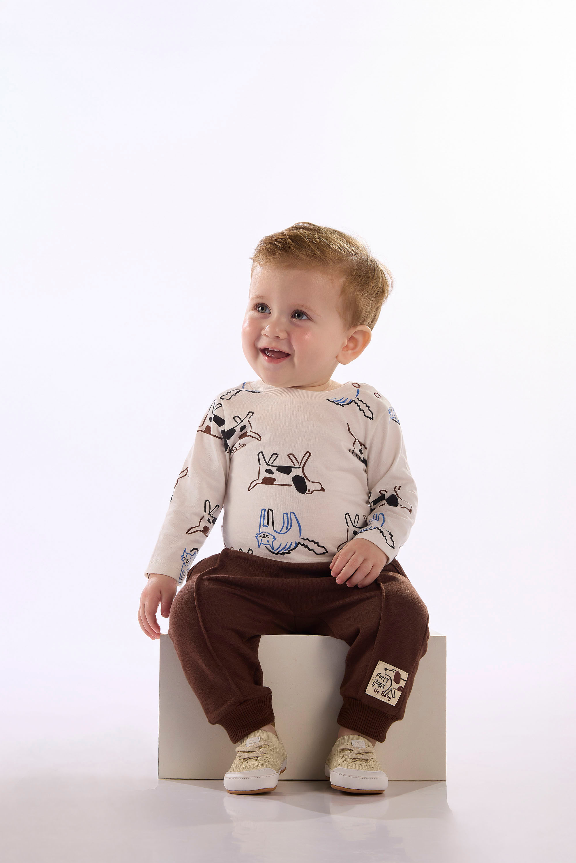 Conjunto Para Bebê Menino Com Body Estampado E Calça (Off White) Up Baby