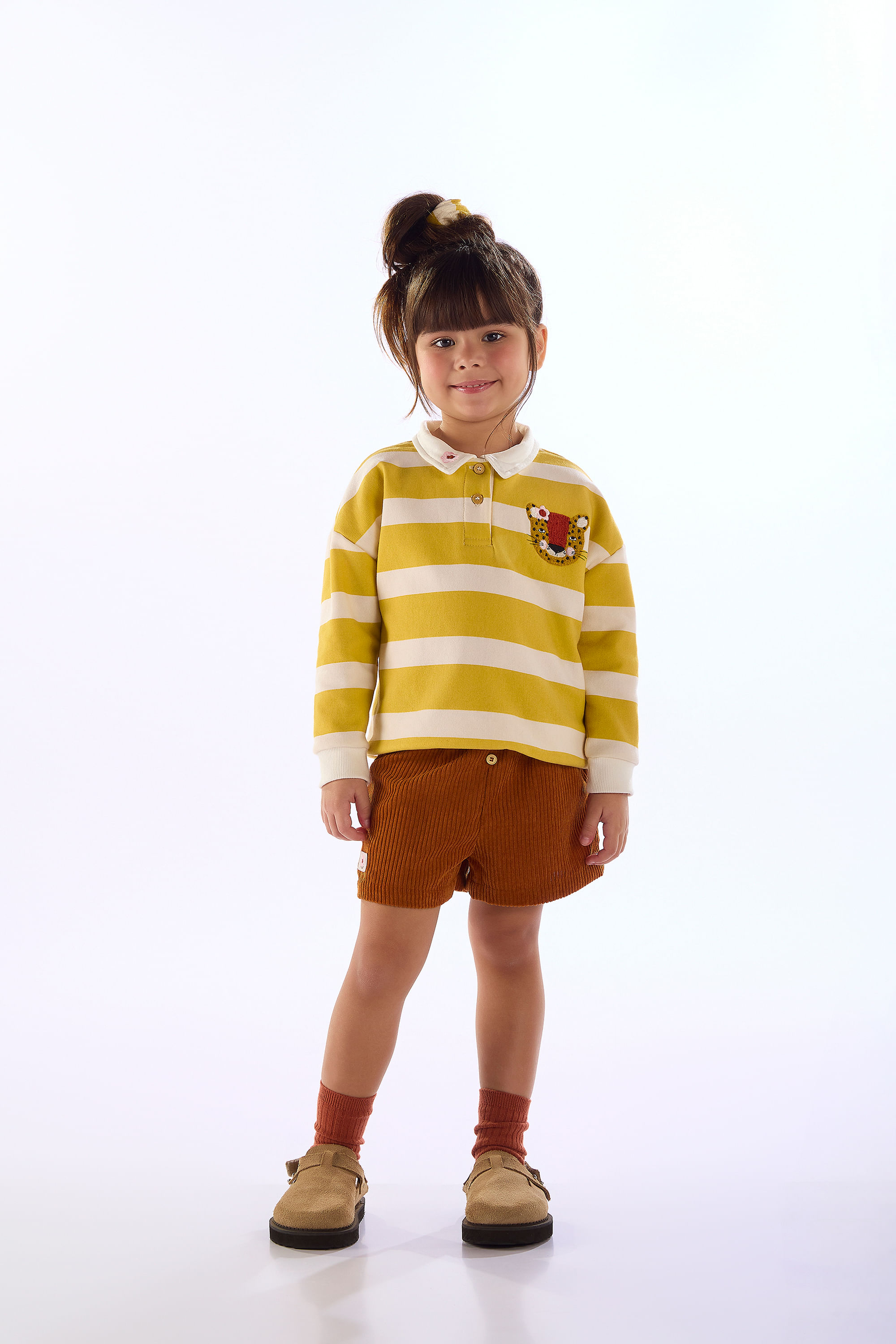 Conjunto Onça Florida com Blusão Polo e Short Infantil (Amarelo) Três e Já
