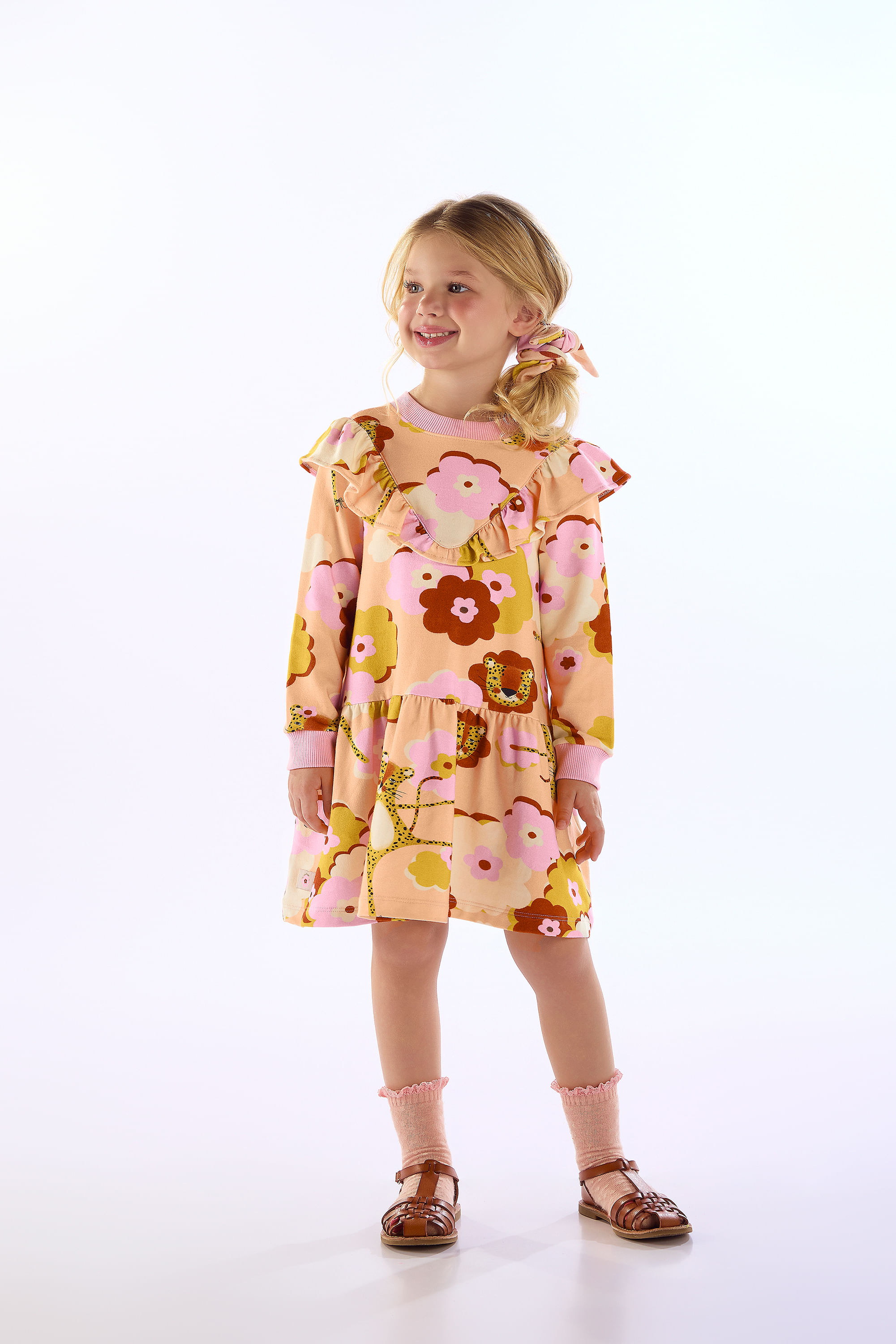 Vestido Infantil Onça Florida em Molecotton (Rosa Claro) Três e Já