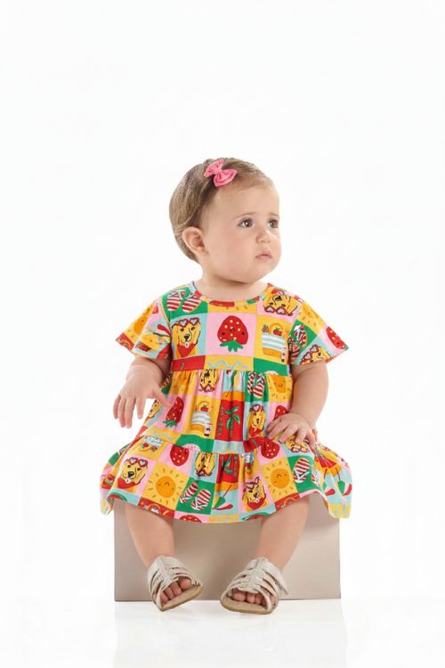Vestido Bebê em Cotton com Manga Evasê (Multicolor) Quimby